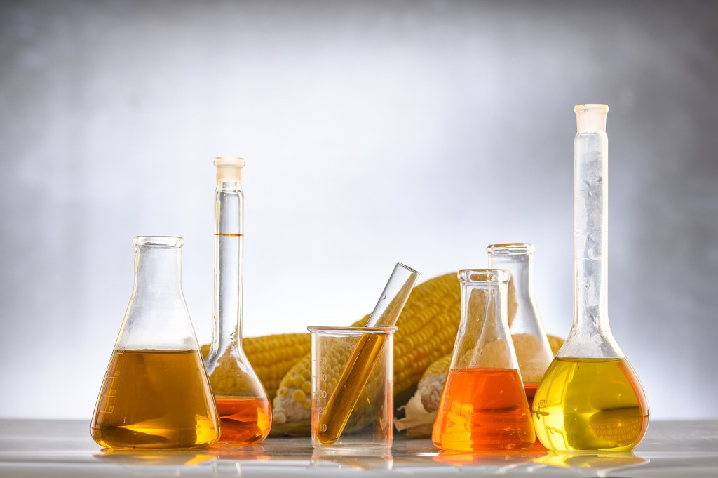 Corn and science beakers representing biofuels