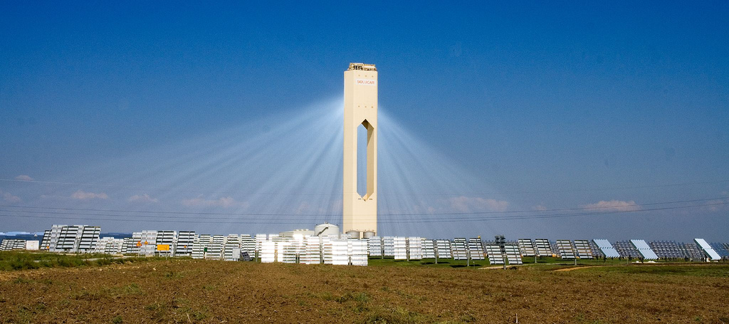 Solar mirrors shining onto solar power tower
