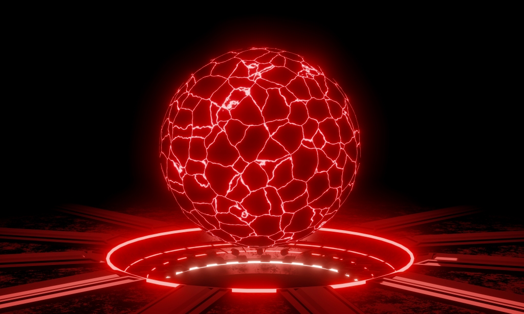 The charging station, red glow technology, metal base with rust stains, dark background, and black . The energy cube has electric spark. 3D Rendering